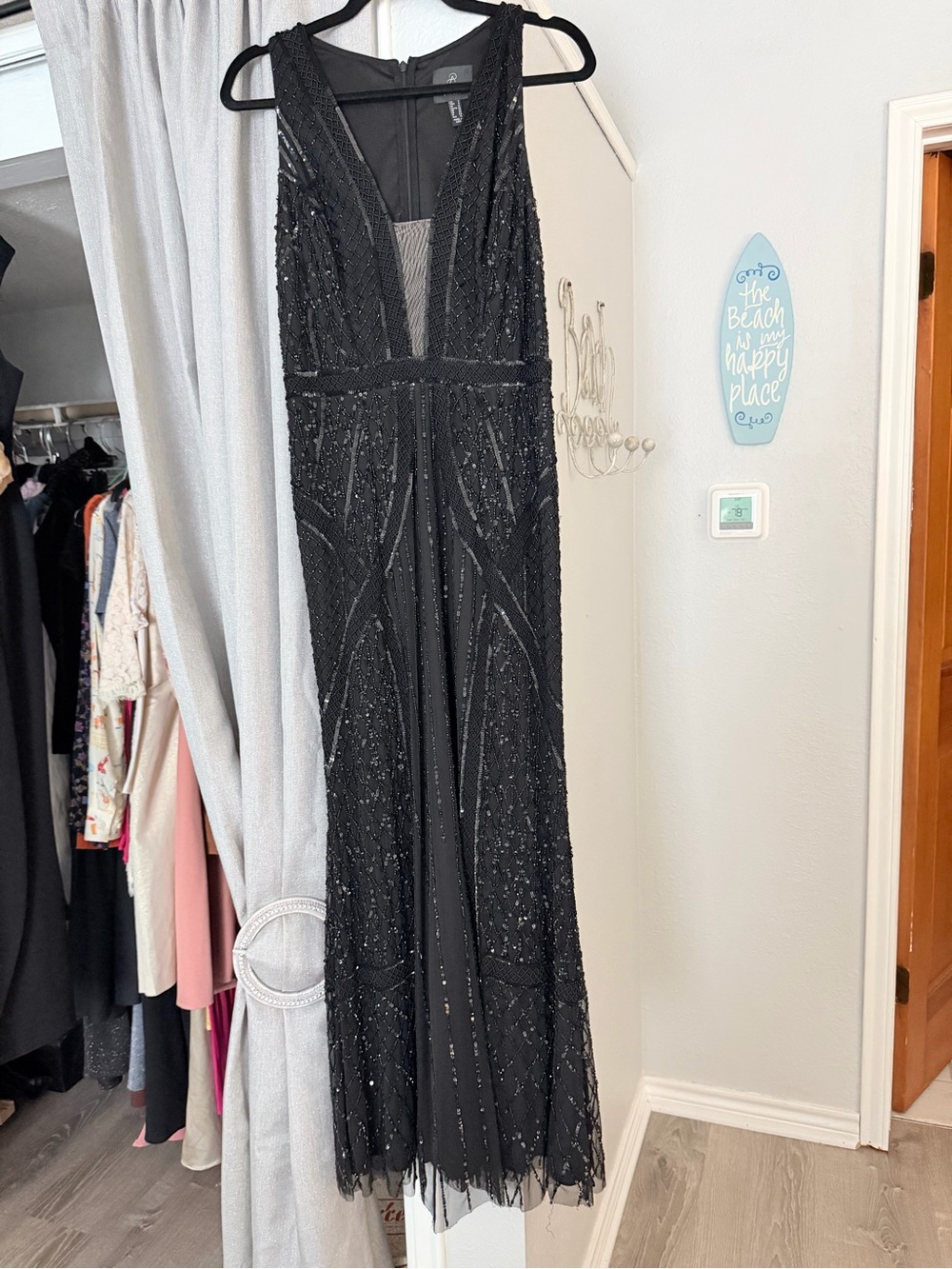 Adrianna Papell Black Beaded V-Neck Maxi Dress